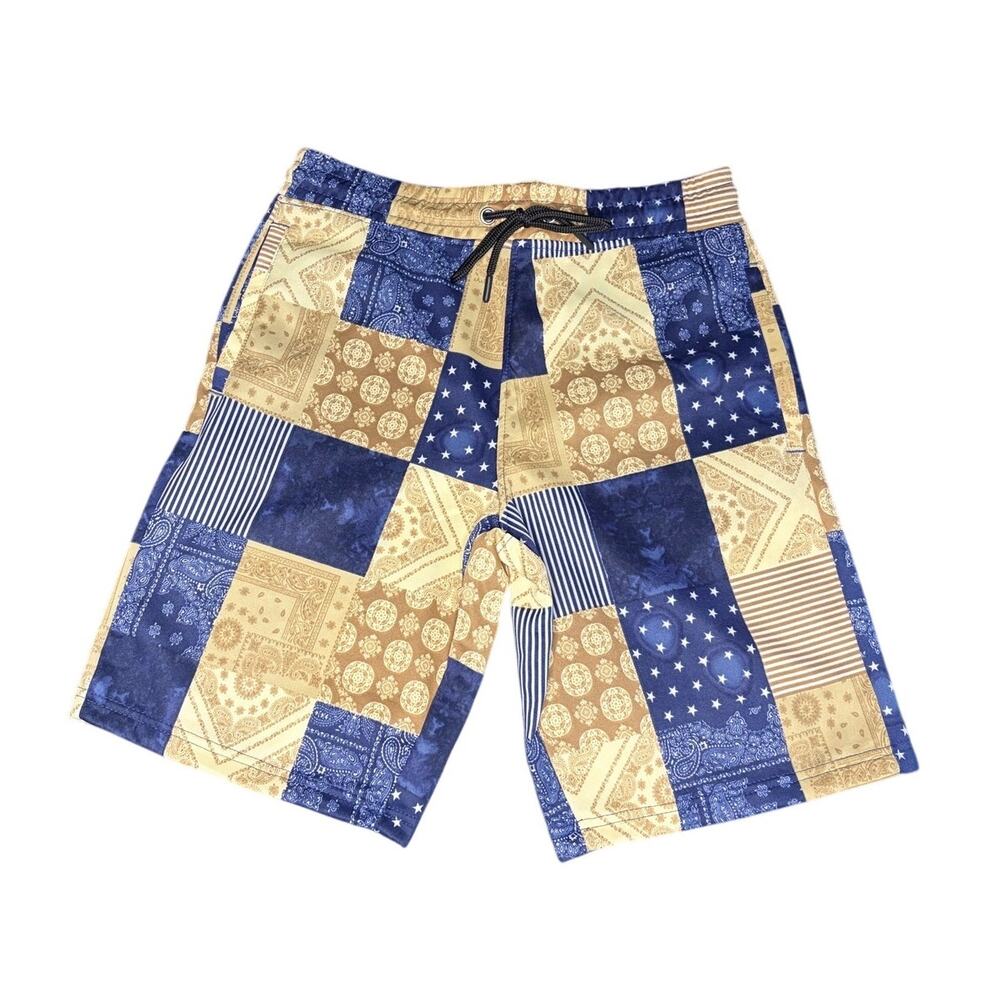 NWT Fresh Prints of Bel-Air Patchwork Bandana Shorts Mens Small Ecru Navy